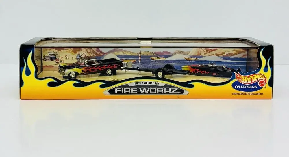 Hot Wheels Fire Workz '59 El Camino Crackerbox Racer Truck and Boat Set Sealed